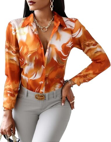 Blouses for Women Dressy Casual Colorful Long Sleeve Shirt Floral Print Tops Loose Collar Sexy T-Shirts Fashion 2023 in Kuwait