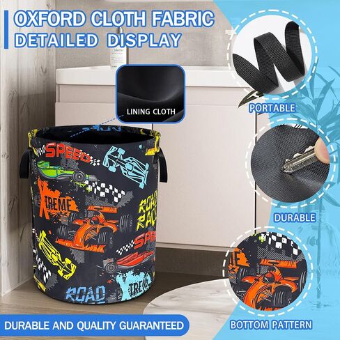 السباق سلة غسيل Oxford Cloth Funny Race Car Laundry مع مقبض مع مقبض سلة تخزين الملابس المحمولة قابلة للطي 18.9 × 16.5 في كيس التخزين لغرفة الغسيل/الحمام/غرفة النوم/ندبة in Kuwait