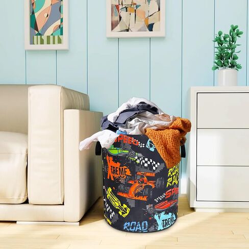 السباق سلة غسيل Oxford Cloth Funny Race Car Laundry مع مقبض مع مقبض سلة تخزين الملابس المحمولة قابلة للطي 18.9 × 16.5 في كيس التخزين لغرفة الغسيل/الحمام/غرفة النوم/ندبة in Kuwait