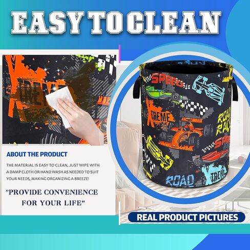 السباق سلة غسيل Oxford Cloth Funny Race Car Laundry مع مقبض مع مقبض سلة تخزين الملابس المحمولة قابلة للطي 18.9 × 16.5 في كيس التخزين لغرفة الغسيل/الحمام/غرفة النوم/ندبة in Kuwait