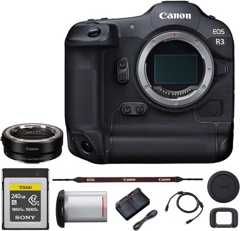 كاميرا Canon EOS R3 بدون مرآة-إطار كامل 24.1 ميجابكسل مستشعر مكدسة مع التحكم في العين AF ، و 30 إطارًا في الثانية ، والفيديو الخام 6K (4895C002) + 240 جيجابايت بطاقة ذاكرة + محول Canon EF-EOS R in Kuwait