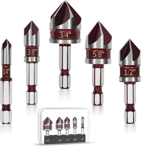5PCS Countersink Drill Bit Set, 82 Degree Premium HSS Counter Sink Drill Bit, Size 1/4"-3/4" Quick-Change Hex Shank for Wood, Plastic, Soft Metal, Premium Drill Bits for Professionals, DIY in Saudi Arabia