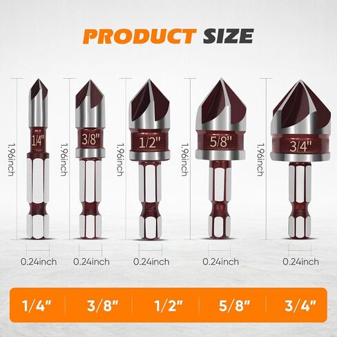 5PCS Countersink Drill Bit Set, 82 Degree Premium HSS Counter Sink Drill Bit, Size 1/4"-3/4" Quick-Change Hex Shank for Wood, Plastic, Soft Metal, Premium Drill Bits for Professionals, DIY in Saudi Arabia