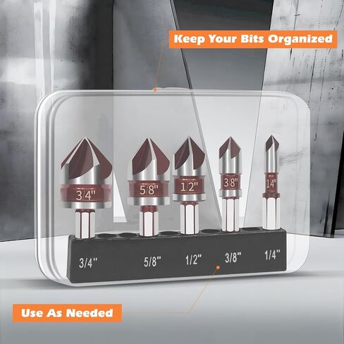 5PCS Countersink Drill Bit Set, 82 Degree Premium HSS Counter Sink Drill Bit, Size 1/4"-3/4" Quick-Change Hex Shank for Wood, Plastic, Soft Metal, Premium Drill Bits for Professionals, DIY in Saudi Arabia