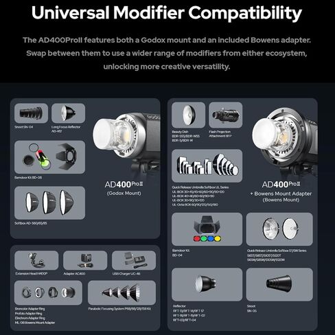 Godox AD400 Pro II AD400Pro II 400Ws Flash, GN72, 30W Bi-Color Modeling Lamp, 460 Full Power Flash, 0.01-1s Recycle Time, 1/8000 HSS, Freeze Mode, Strobe Light for Canon, Sony, Nikon, Fuji etc in Saudi Arabia