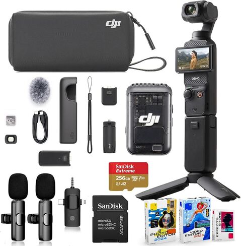 DJI Osmo Pocket 3 Creator Combo Bundle مع جهاز إرسال/مسجل مقطع ، وعدسة زاوية عريضة ، ترايبود ، حقيبة حمل + نظام ميكروفون لاسلكي ، بطاقة SD Micro Micro 256 جيجابايت ، حزمة برامج محرر الصور/الفيديو in Kuwait
