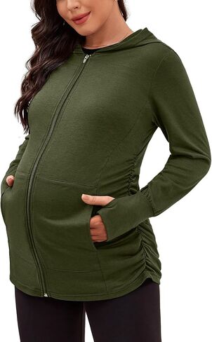 DEBELLY Maternity Sweatshirt Zip Up Hoodie Pockets Pregnancy Postpartum | Soft fabric, Zip up closure, Thumbhole sleeves, For pregnancy to postpartum, Layering piece, Travel friendly, Long coverage in Saudi Arabia