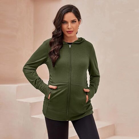 DEBELLY Maternity Sweatshirt Zip Up Hoodie Pockets Pregnancy Postpartum | Soft fabric, Zip up closure, Thumbhole sleeves, For pregnancy to postpartum, Layering piece, Travel friendly, Long coverage in Saudi Arabia