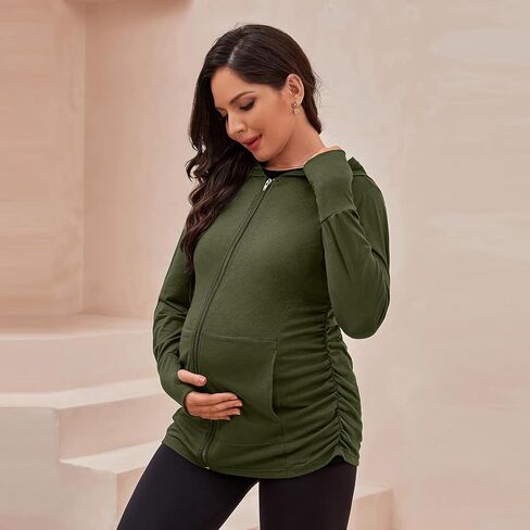 DEBELLY Maternity Sweatshirt Zip Up Hoodie Pockets Pregnancy Postpartum | Soft fabric, Zip up closure, Thumbhole sleeves, For pregnancy to postpartum, Layering piece, Travel friendly, Long coverage in Saudi Arabia
