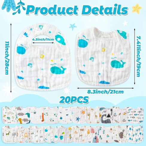 Zainpe 20pcs Snap Muslin Cotton Baby Bibs Soft Usporbent Admable Burp Admons for Newborns Crooming Feeding Leagh in Kuwait