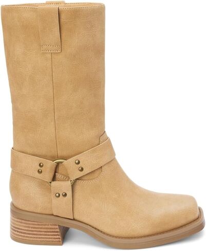 Womens Autumn Harness Pull On Motorcycle Casual Boots Mid Calf Low Heel 1-2" - Black in Saudi Arabia