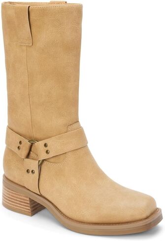 Womens Autumn Harness Pull On Motorcycle Casual Boots Mid Calf Low Heel 1-2" - Black in Saudi Arabia