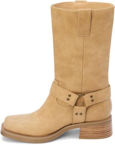 Womens Autumn Harness Pull On Motorcycle Casual Boots Mid Calf Low Heel 1-2" - Black in Saudi Arabia
