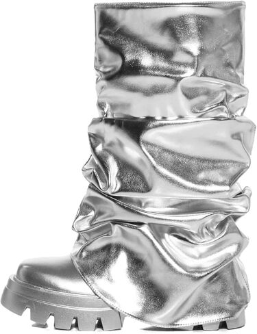 Yishaweiqi Slouched Ruched Fold Over Boots for Women Wide Calf Platform Chunky Heel Mid Calf Shark Boots in Saudi Arabia