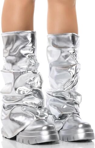 Yishaweiqi Slouched Ruched Fold Over Boots for Women Wide Calf Platform Chunky Heel Mid Calf Shark Boots in Saudi Arabia