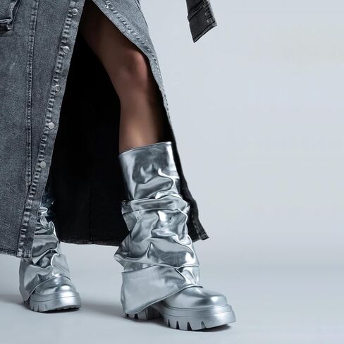 Yishaweiqi Slouched Ruched Fold Over Boots for Women Wide Calf Platform Chunky Heel Mid Calf Shark Boots in Saudi Arabia