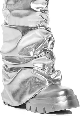 Yishaweiqi Slouched Ruched Fold Over Boots for Women Wide Calf Platform Chunky Heel Mid Calf Shark Boots in Saudi Arabia