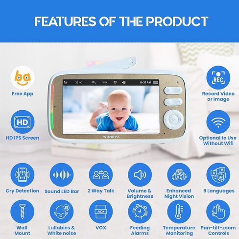 Smart Baby Monitor, 5" HD IPS Screen, 1500ft Long Range, 48 Hours Battery, White Noises & Lullabies, 2K HD Camera, Customizable Safe Zones, Motion Detection, VOX, Free Secure Phone App in Saudi Arabia