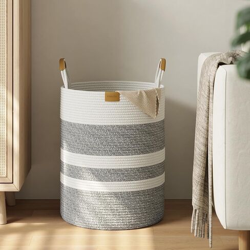 Nunsino 95L Striped Laundry Hamper with Leather Handles,Large Foldable Laundry Basket for Clothes,Cotton Rope Storage Bin for Blankets,Woven Clothes Basket for Bedroom,Dark Brown Stripes in Saudi Arabia