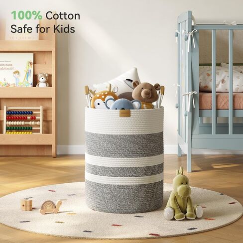 Nunsino 95L Striped Laundry Hamper with Leather Handles,Large Foldable Laundry Basket for Clothes,Cotton Rope Storage Bin for Blankets,Woven Clothes Basket for Bedroom,Dark Brown Stripes in Saudi Arabia