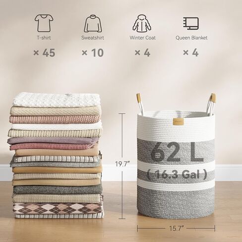 Nunsino 95L Striped Laundry Hamper with Leather Handles,Large Foldable Laundry Basket for Clothes,Cotton Rope Storage Bin for Blankets,Woven Clothes Basket for Bedroom,Dark Brown Stripes in Saudi Arabia