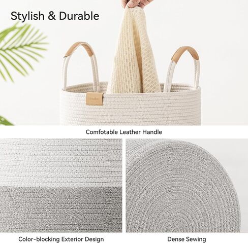 Nunsino 95L Striped Laundry Hamper with Leather Handles,Large Foldable Laundry Basket for Clothes,Cotton Rope Storage Bin for Blankets,Woven Clothes Basket for Bedroom,Dark Brown Stripes in Saudi Arabia
