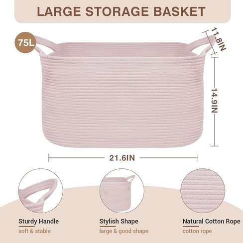 Large Laundry Hamper Blanket Basket，21.6''×14.9''×19.6'' Cotton Rope Woven Laundry Basket for Organizing, Rectangle Toy Basket for Living Room, Bedroom in Kuwait