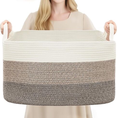 Large Laundry Hamper Blanket Basket，21.6''×14.9''×19.6'' Cotton Rope Woven Laundry Basket for Organizing, Rectangle Toy Basket for Living Room, Bedroom in Kuwait