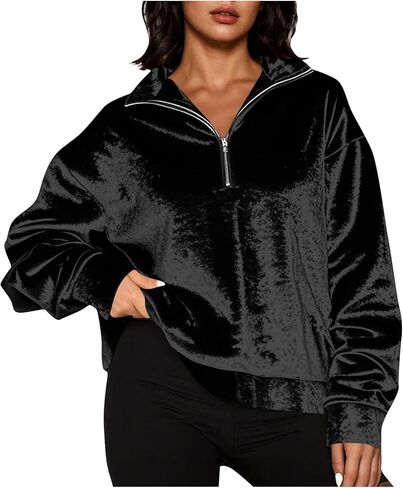 Velvet Sweatshirt for Women Casual Quarter Zip Long Sleeve Vintage Sweatshirt Trendy Dressy Velour Pullover Tops in Kuwait