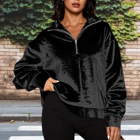 Velvet Sweatshirt for Women Casual Quarter Zip Long Sleeve Vintage Sweatshirt Trendy Dressy Velour Pullover Tops in Kuwait
