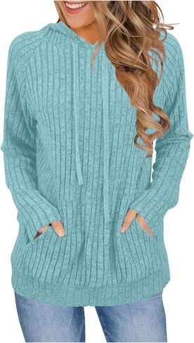 Womens Soft Ribbed Knit Hoodie Sweaters Long Sleeve Pullover Shirts Lightweight Cozy Fall Tops with Pockets Clothes in Kuwait