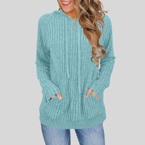 Womens Soft Ribbed Knit Hoodie Sweaters Long Sleeve Pullover Shirts Lightweight Cozy Fall Tops with Pockets Clothes in Kuwait