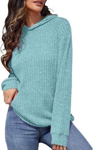 Womens Soft Ribbed Knit Hoodie Sweaters Long Sleeve Pullover Shirts Lightweight Cozy Fall Tops with Pockets Clothes in Kuwait
