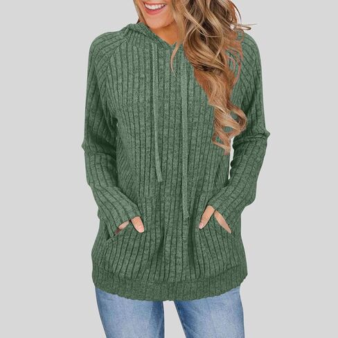 Womens Soft Ribbed Knit Hoodie Sweaters Long Sleeve Pullover Shirts Lightweight Cozy Fall Tops with Pockets Clothes in Saudi Arabia