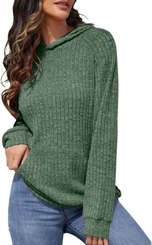 Womens Soft Ribbed Knit Hoodie Sweaters Long Sleeve Pullover Shirts Lightweight Cozy Fall Tops with Pockets Clothes in Saudi Arabia