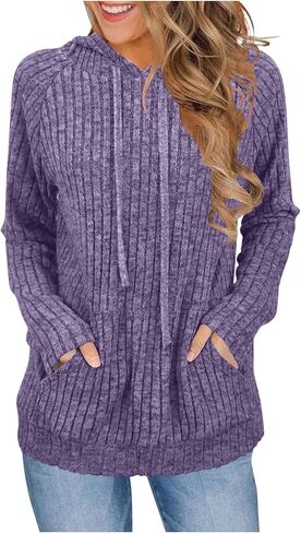 Womens Soft Ribbed Knit Hoodie Sweaters Long Sleeve Pullover Shirts Lightweight Cozy Fall Tops with Pockets Clothes in Kuwait