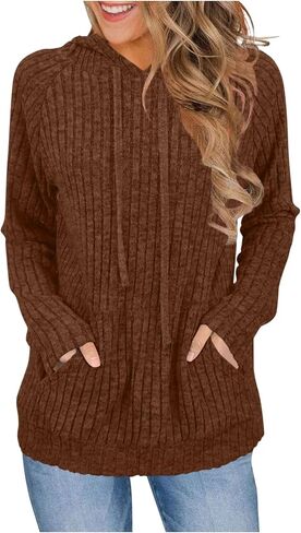 Womens Soft Ribbed Knit Hoodie Sweaters Long Sleeve Pullover Shirts Lightweight Cozy Fall Tops with Pockets Clothes in Kuwait