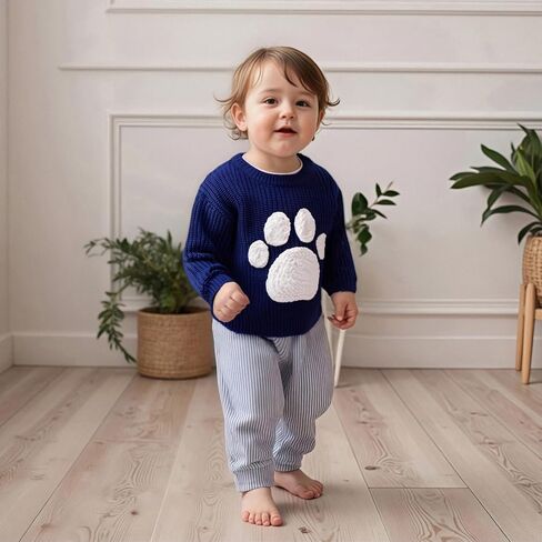 Toddler Baby Boy Girl Outfit Football Animal Embroidery Sweater Long Sleeve Cable Knit Pullover Sweaters Top in Kuwait