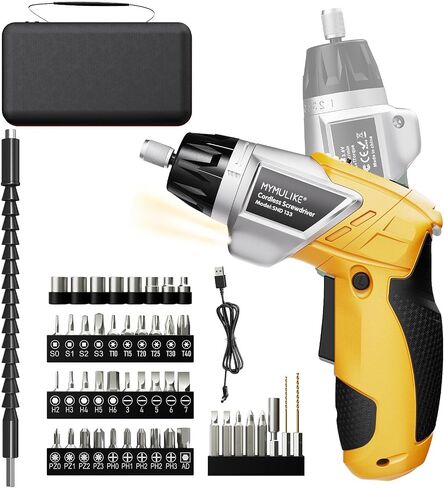 Electric Screwdriver Cordless Set, 3.6V Power Screwdriver Rechargeable with Light, Yellow Screw Gun with Pivoting Handle and Drill, 49 Pcs Accessories, 6+1 Torque Setting, 2000 mAh Battery in Kuwait