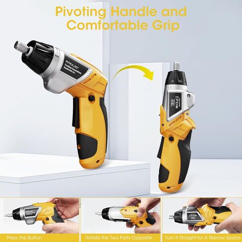 Electric Screwdriver Cordless Set, 3.6V Power Screwdriver Rechargeable with Light, Yellow Screw Gun with Pivoting Handle and Drill, 49 Pcs Accessories, 6+1 Torque Setting, 2000 mAh Battery in Kuwait