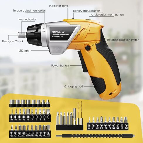 Electric Screwdriver Cordless Set, 3.6V Power Screwdriver Rechargeable with Light, Yellow Screw Gun with Pivoting Handle and Drill, 49 Pcs Accessories, 6+1 Torque Setting, 2000 mAh Battery in Kuwait