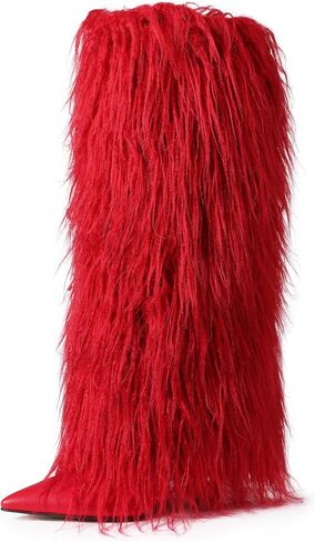 Womens Furry Boots الركبة عالية الطية على الحذاء طويل القامة عجل عجل مدبب أخمص القدمين مرتفعة الكعب في الشتاء أحذية الشتاء للنساء in Kuwait