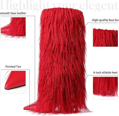Womens Furry Boots الركبة عالية الطية على الحذاء طويل القامة عجل عجل مدبب أخمص القدمين مرتفعة الكعب في الشتاء أحذية الشتاء للنساء in Kuwait