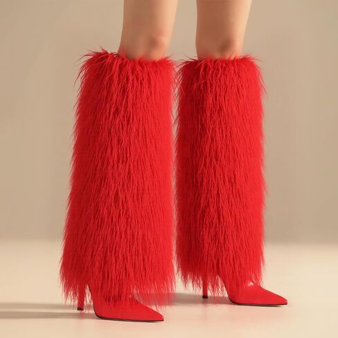 Womens Furry Boots الركبة عالية الطية على الحذاء طويل القامة عجل عجل مدبب أخمص القدمين مرتفعة الكعب في الشتاء أحذية الشتاء للنساء in Kuwait