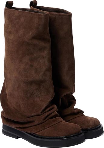MAVMAX Women Slouchy Knee High Boots Casual Round Toe Pull On Riding Biker Boots Fold Over Chunky Low Heel Platform Boot in Kuwait