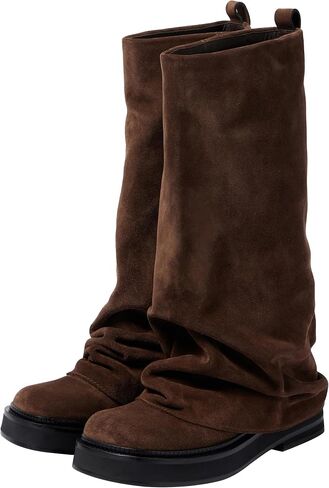 MAVMAX Women Slouchy Knee High Boots Casual Round Toe Pull On Riding Biker Boots Fold Over Chunky Low Heel Platform Boot in Kuwait