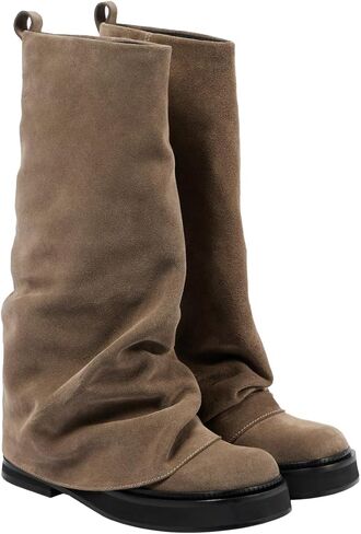 Slouchy Knee High Boots Casual Fold Over Round Toe Boots Pull On Wide Calf Chunky Low Heel Platform Boot in Saudi Arabia