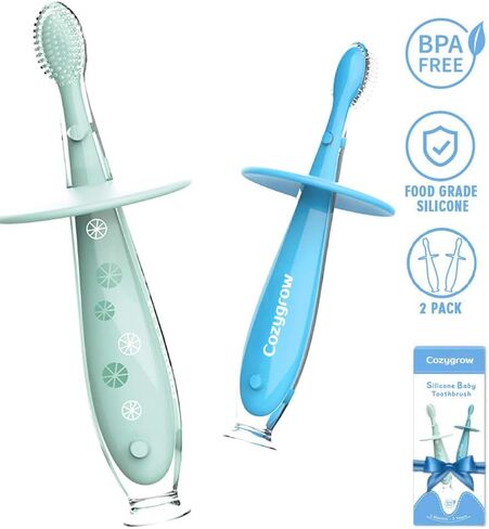Baby Toothbrush Toddler toothbrush Silicone 2 Pack Infant Training toothbrushes, 100% Food Grade Silicone, Extra Soft/Tough Bristles, BPA/PVC/Phthalate Free, Anti-chocking / Anti-fall Design, Unisex in Saudi Arabia