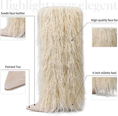 Womens Furry Boots Knee High Fold Over Tall Boot Wide Calf Pointed Toe Stiletto High Heel Fall Winter Boots for Women in Saudi Arabia