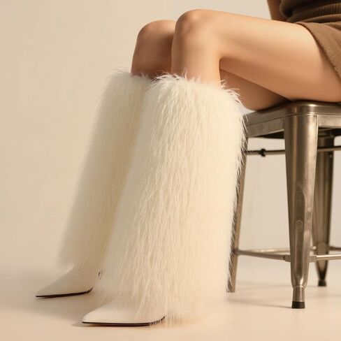 Womens Furry Boots Knee High Fold Over Tall Boot Wide Calf Pointed Toe Stiletto High Heel Fall Winter Boots for Women in Saudi Arabia